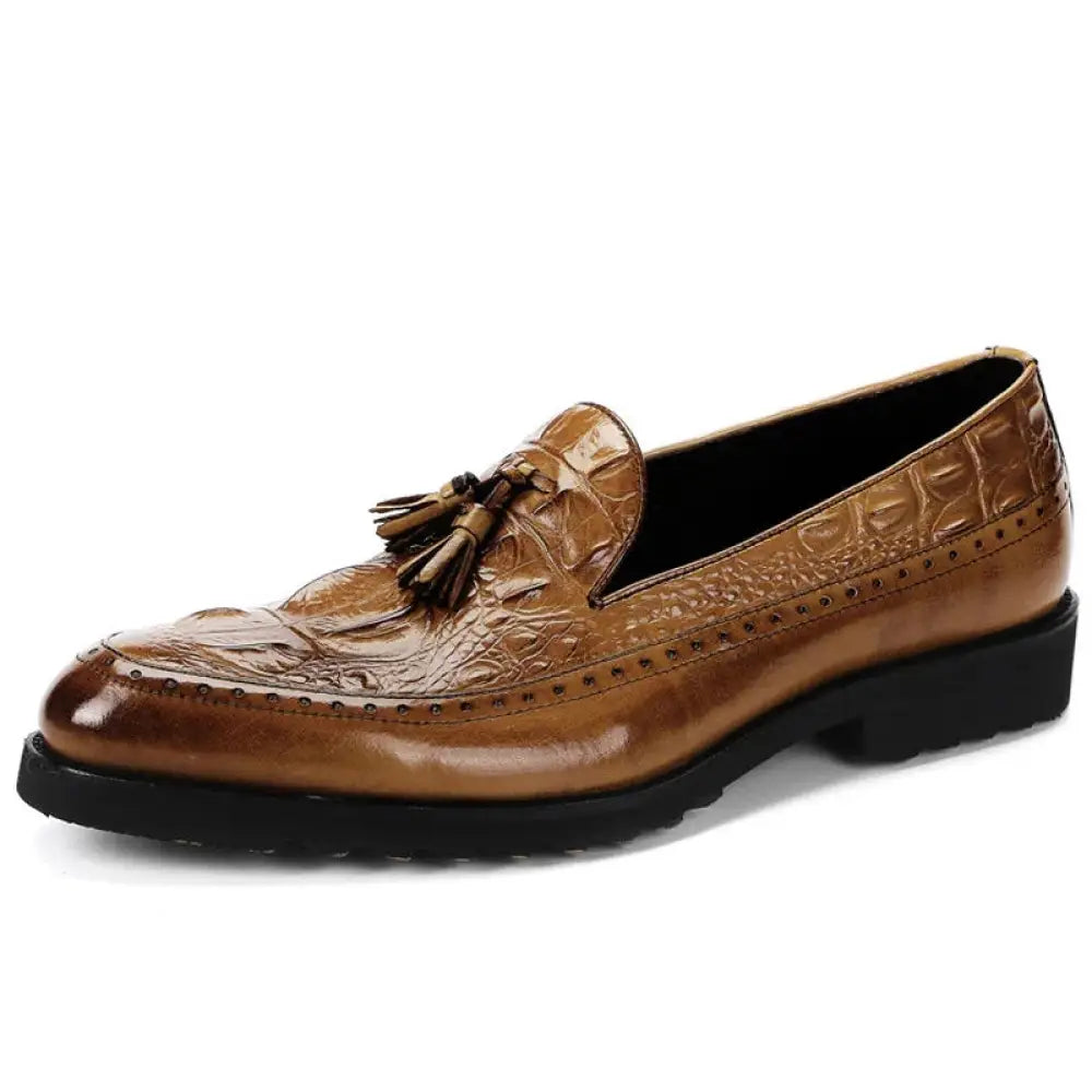 Men’s brown crocodile embossed leather loafer with tassel detail and brogue design for formal wear