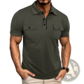 Men’s olive green short sleeve cotton blend polo shirt with black buttons and dual chest pockets