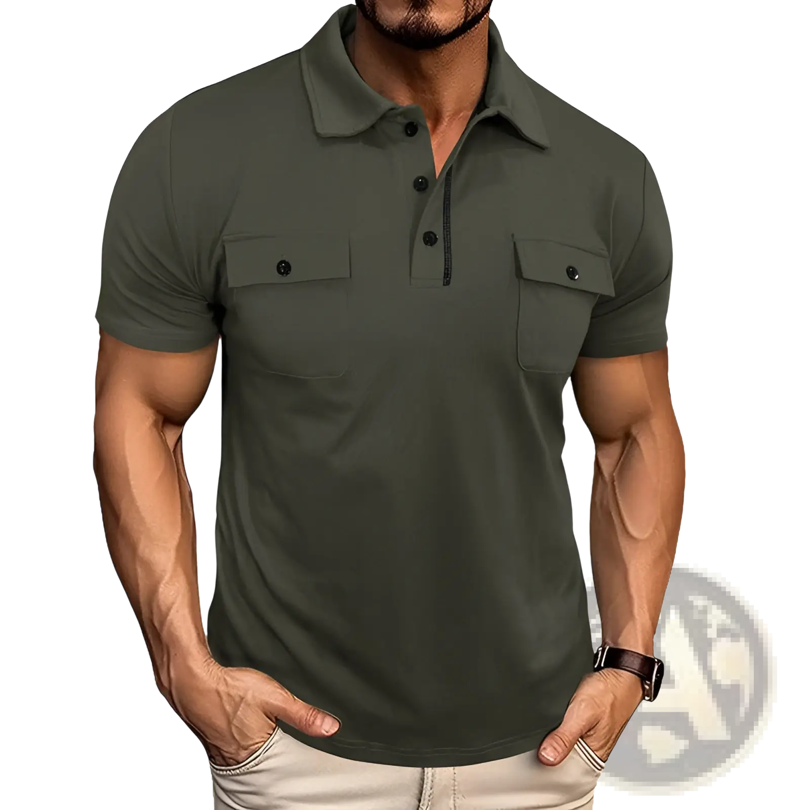 Men’s olive green short sleeve cotton blend polo shirt with black buttons and dual chest pockets