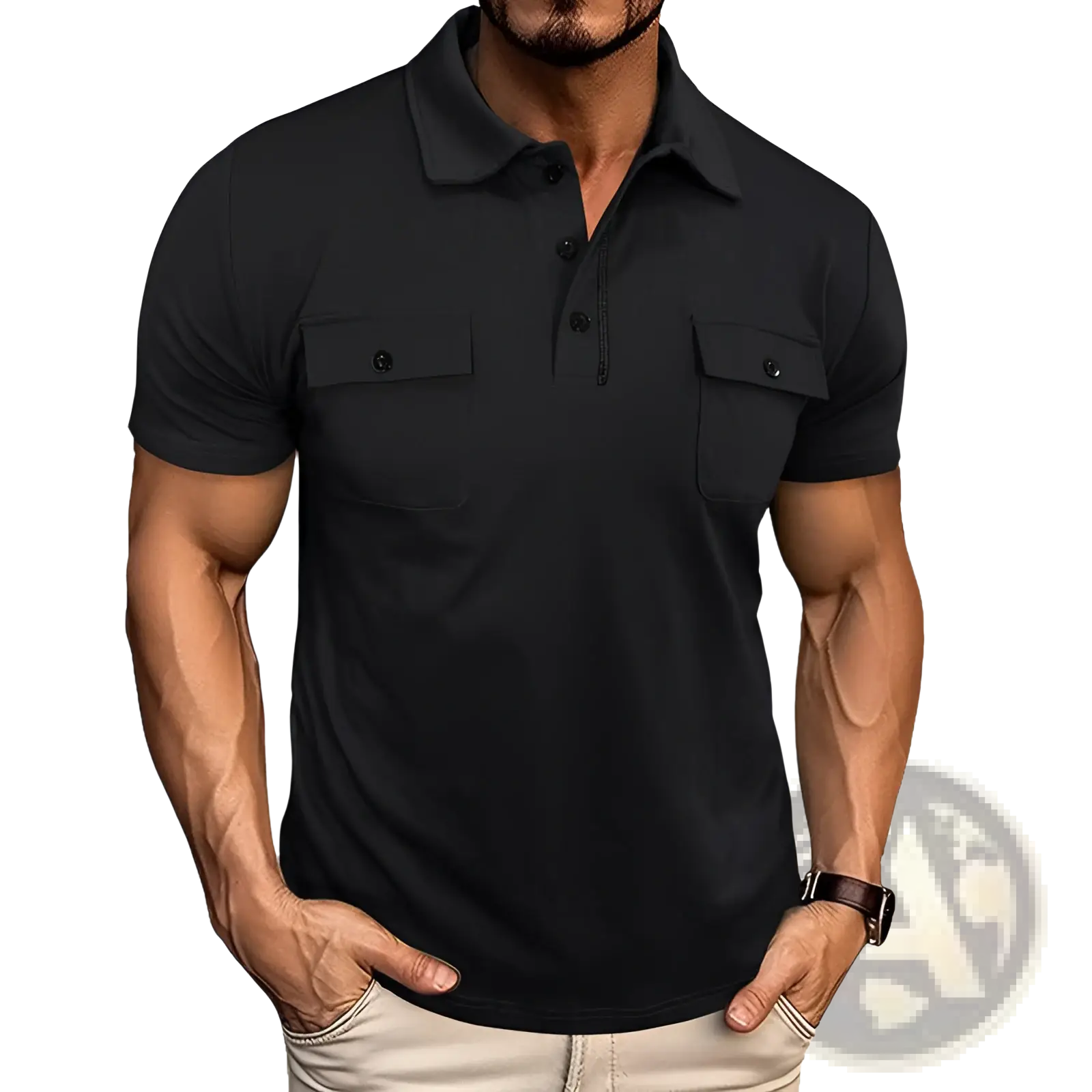 Men’s black short sleeve cotton blend polo shirt with dual chest pockets and buttoned collar