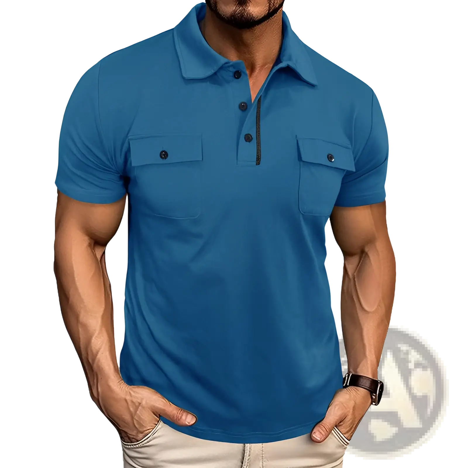 Men’s blue short sleeve cotton blend polo shirt with dual chest pockets and black buttons for casual wear