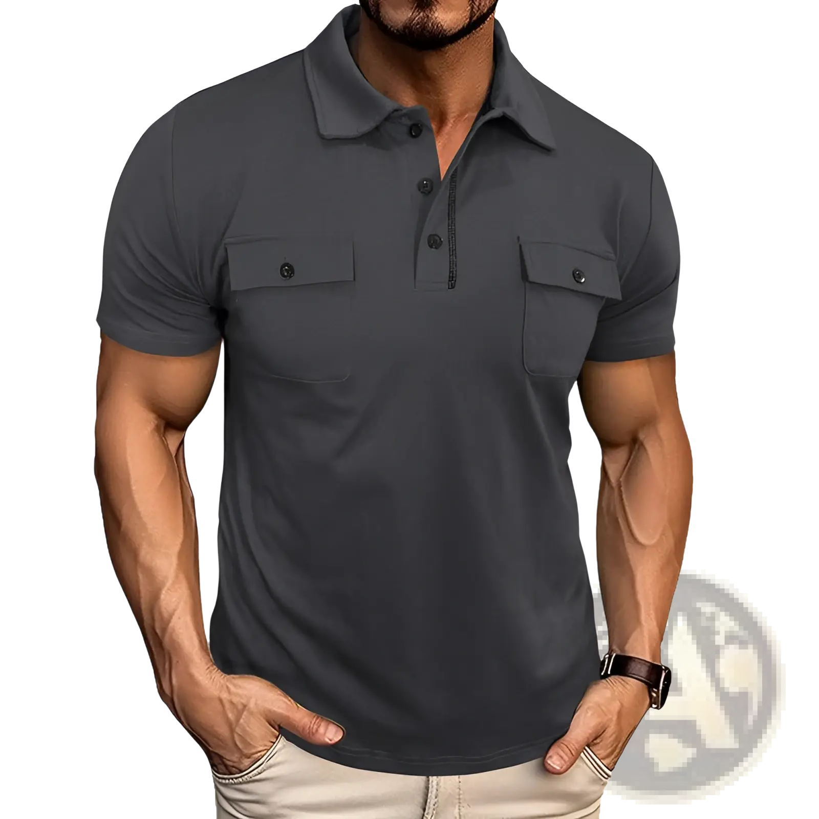 Men’s dark gray short sleeve cotton blend polo shirt with dual chest pockets and black buttons