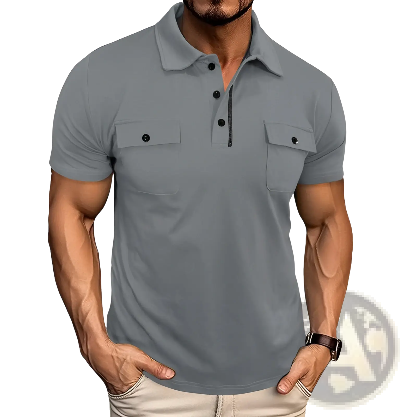 Men’s gray cotton blend short sleeve polo shirt with black buttons and dual chest pockets for casual wear