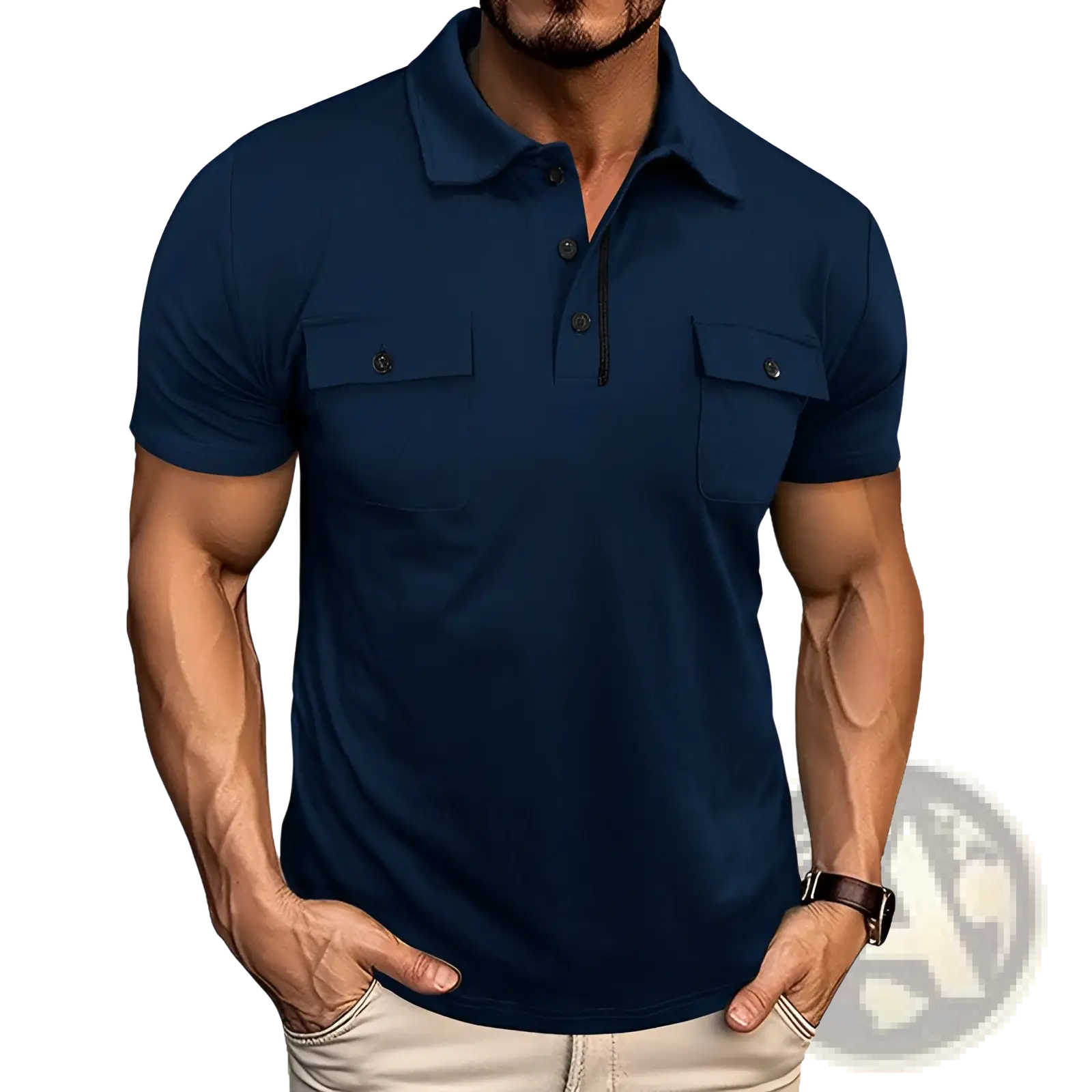 Navy blue men’s short sleeve cotton blend polo shirt with dual chest pockets and buttoned placket
