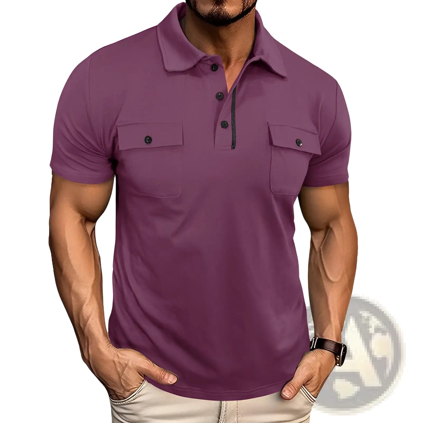 Men’s purple cotton blend short sleeve polo shirt with black buttons and two chest pockets