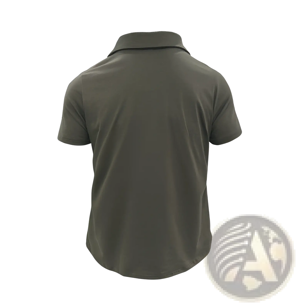 Men’s olive green short sleeve cotton blend polo shirt with classic collar and subtle stitching details