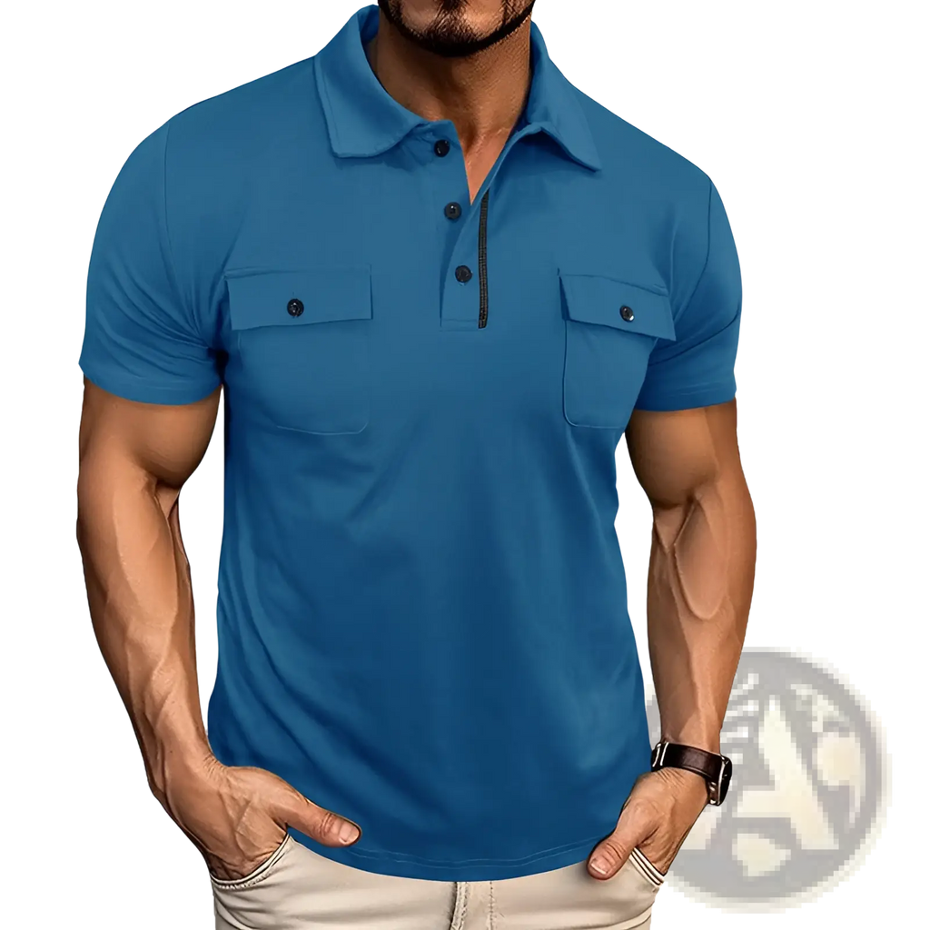 Men’s blue short sleeve cotton blend polo shirt with dual chest pockets and black buttons
