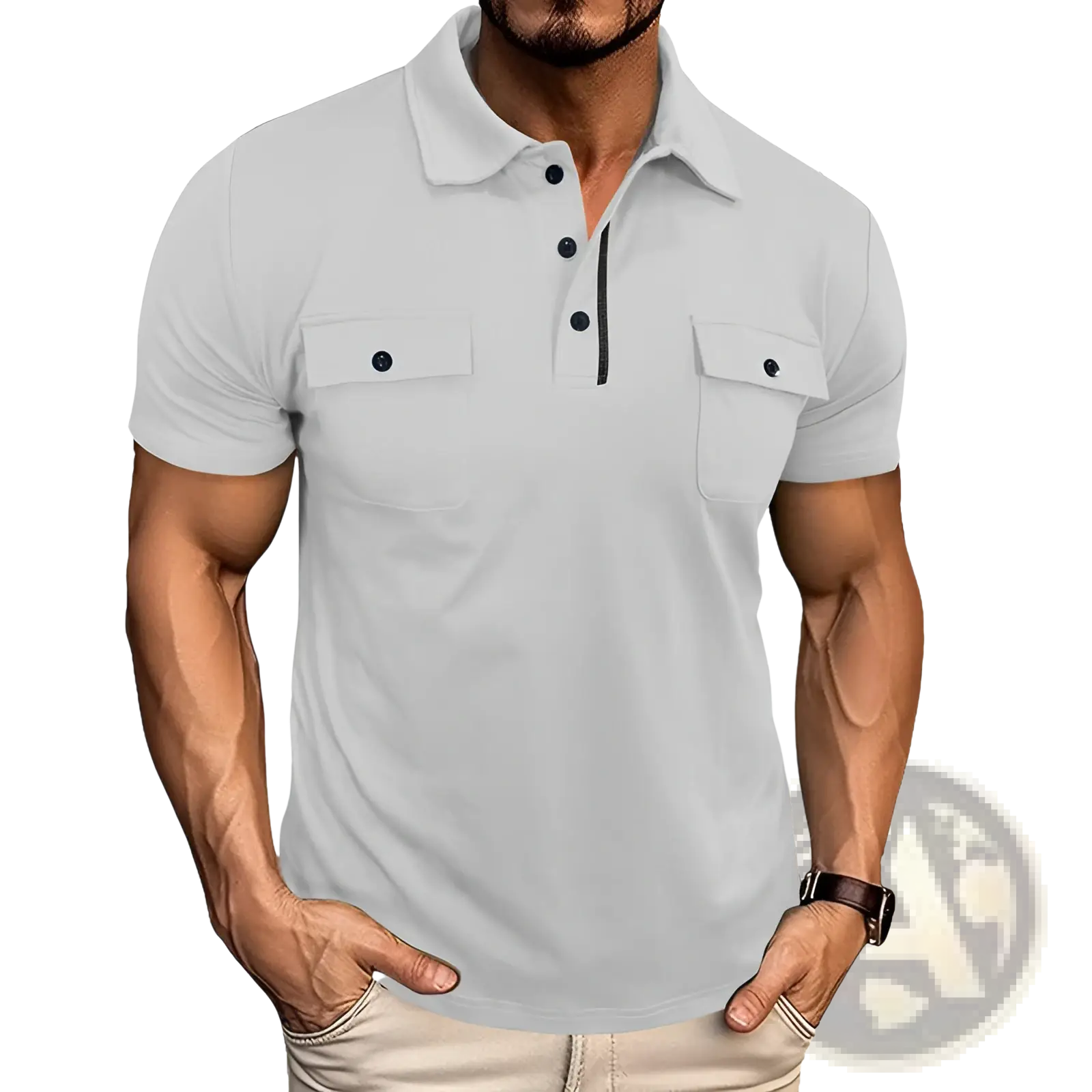 Men’s light gray cotton blend short sleeve polo shirt with black buttons and dual chest pockets