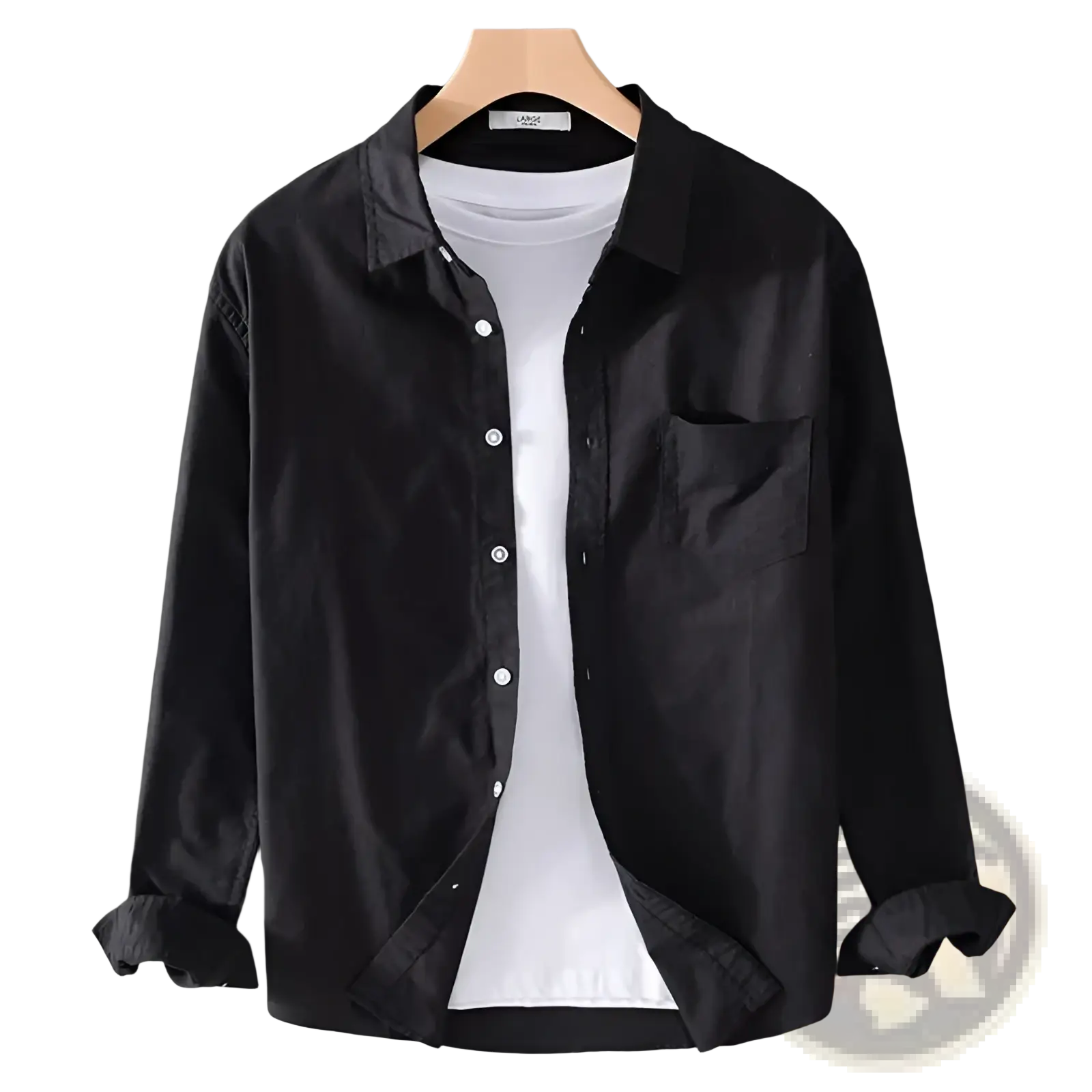 Men’s durable casual long sleeve black work shirt with chest pocket and rolled cuffs displayed on wooden hanger