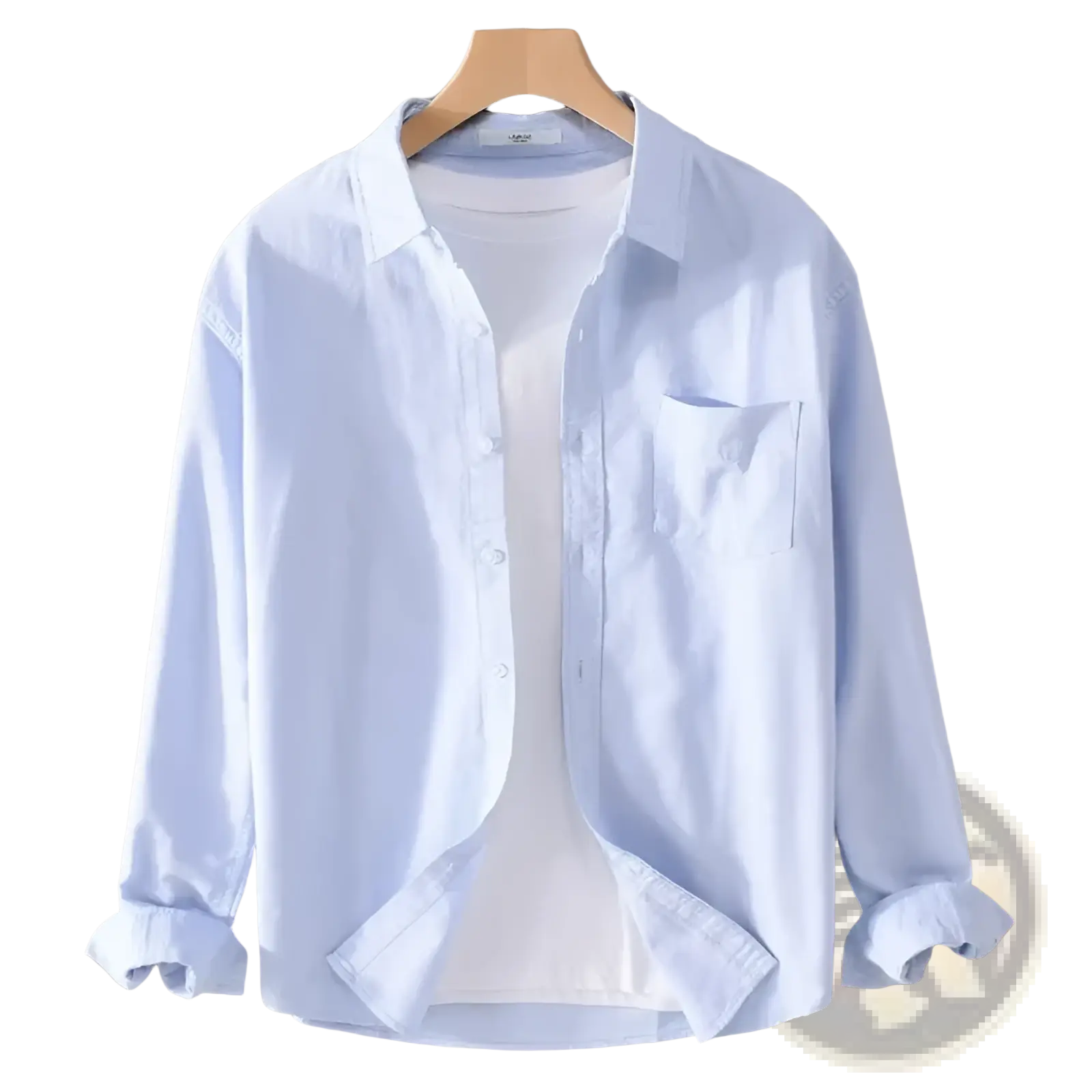 Light blue men’s durable casual long sleeve work shirt with chest pocket and rolled cuffs