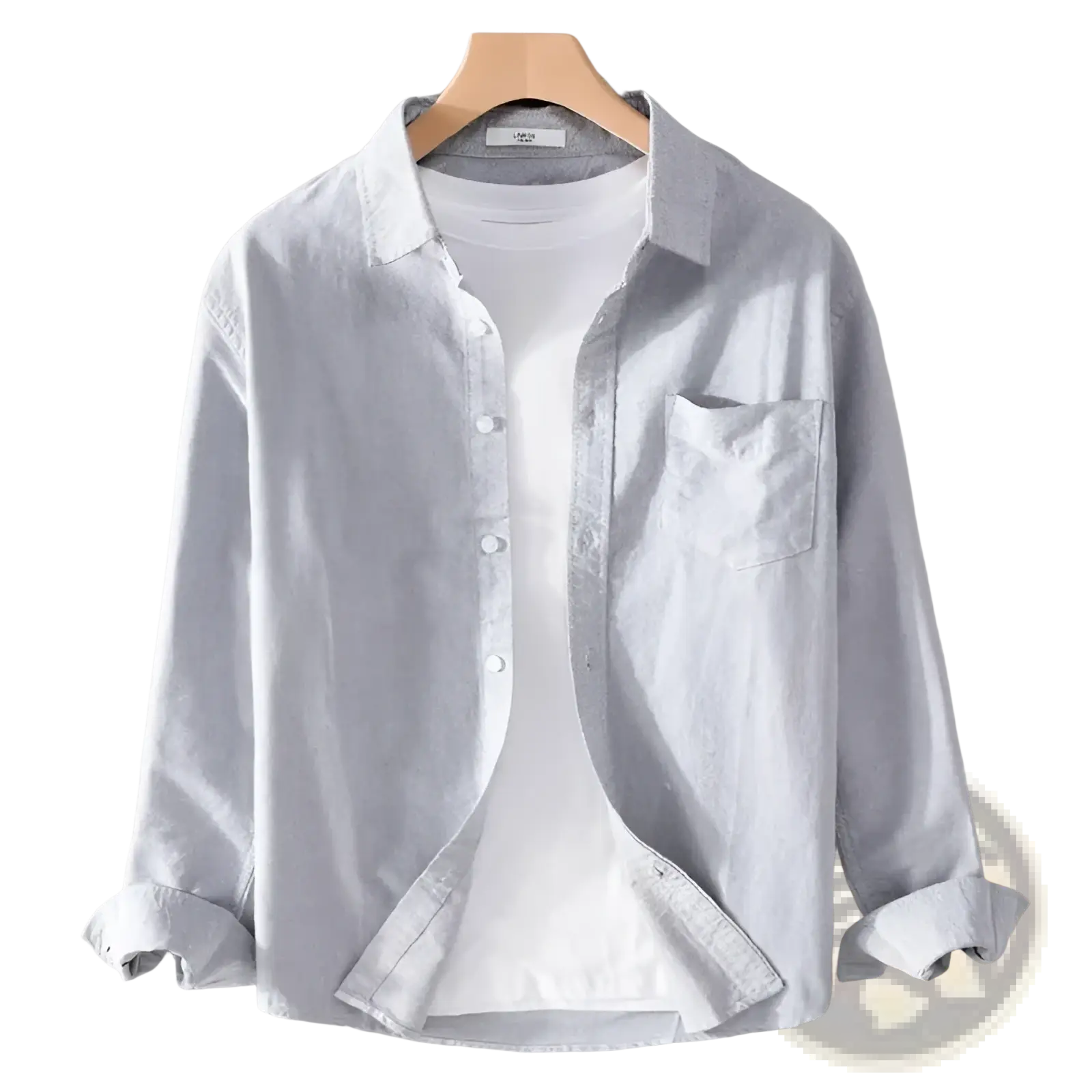 Light gray men’s durable casual long sleeve work shirt with chest pocket and rolled cuffs in breathable fabric