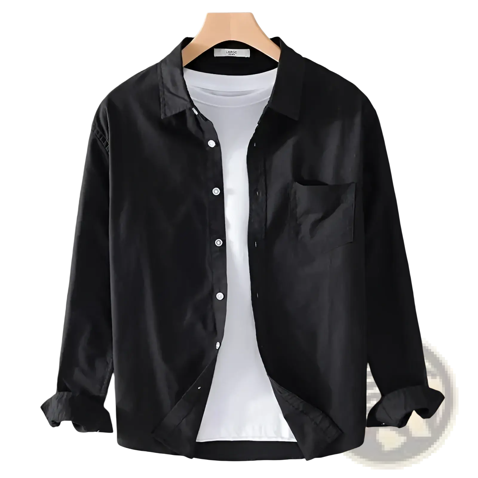 Men’s durable black long sleeve work shirt with chest pocket and rolled cuffs displayed on a wooden hanger