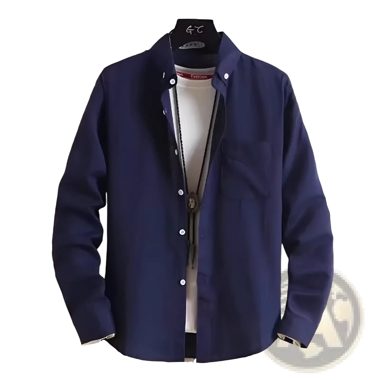 Men’s durable navy blue long sleeve button-up work shirt with chest pocket and white buttons for casual use