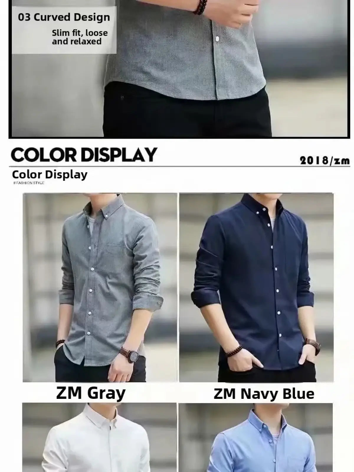 Men’s durable casual long sleeve work shirt slim fit button down in zm gray or zm navy blue for professional wear