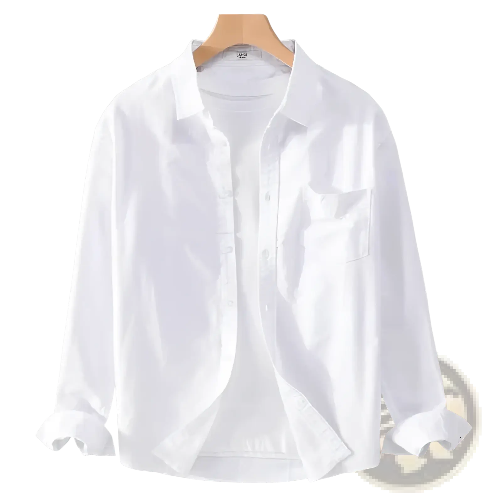 White durable casual long sleeve work shirt with classic collar and chest pocket displayed on wooden hanger