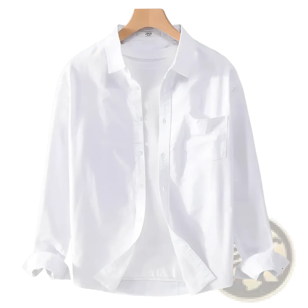 Men’s durable white long-sleeved casual work shirt with classic collar and chest pocket on wooden hanger
