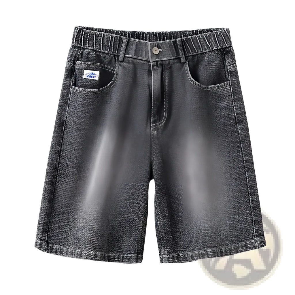 Men’s dark gray denim shorts with a relaxed fit and elastic waistband made from light wash denim fabric