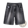 Men’s dark gray denim shorts with a relaxed fit and elastic waistband made from light wash denim fabric