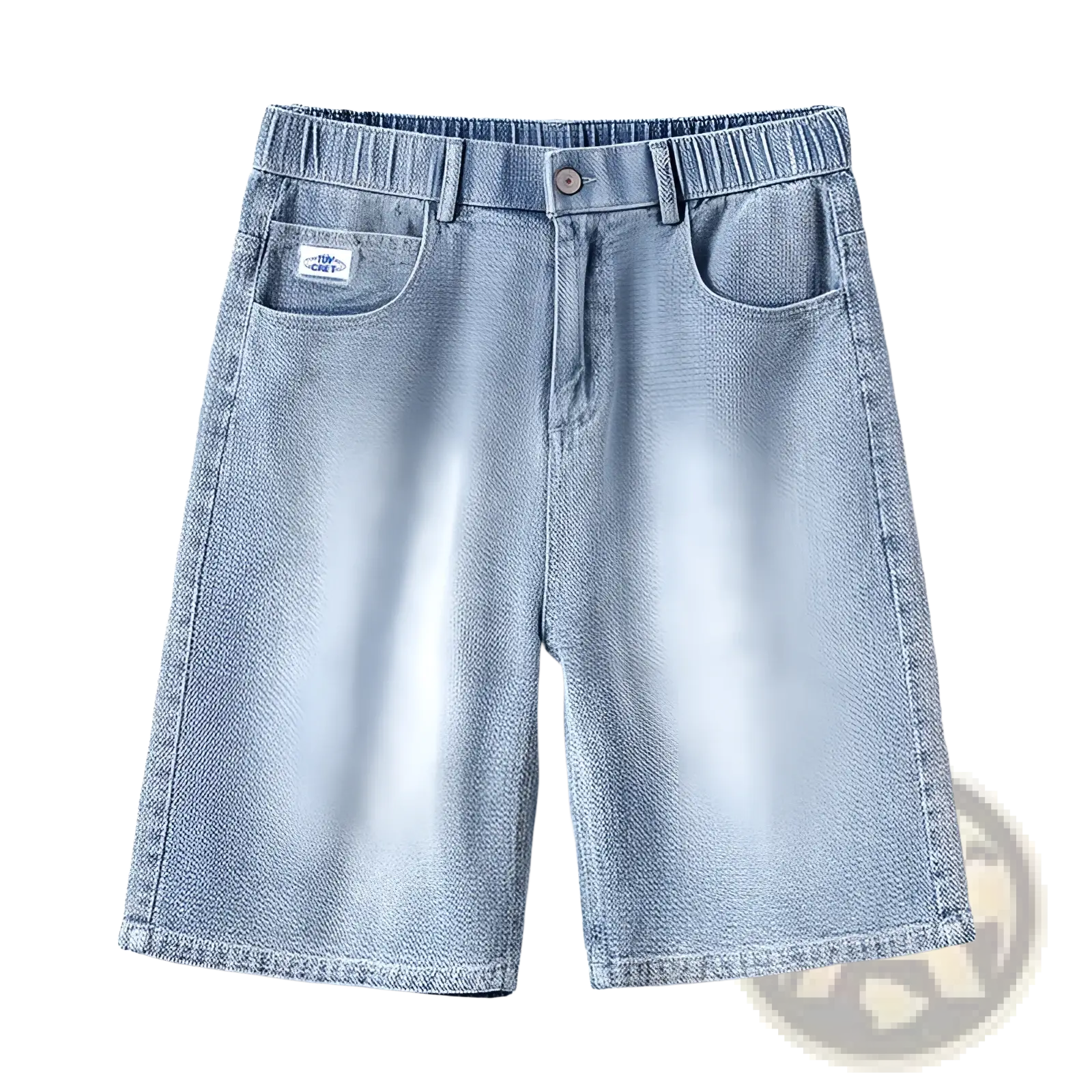 Men’s light wash denim shorts with elastic waistband and relaxed fit made from comfortable denim material