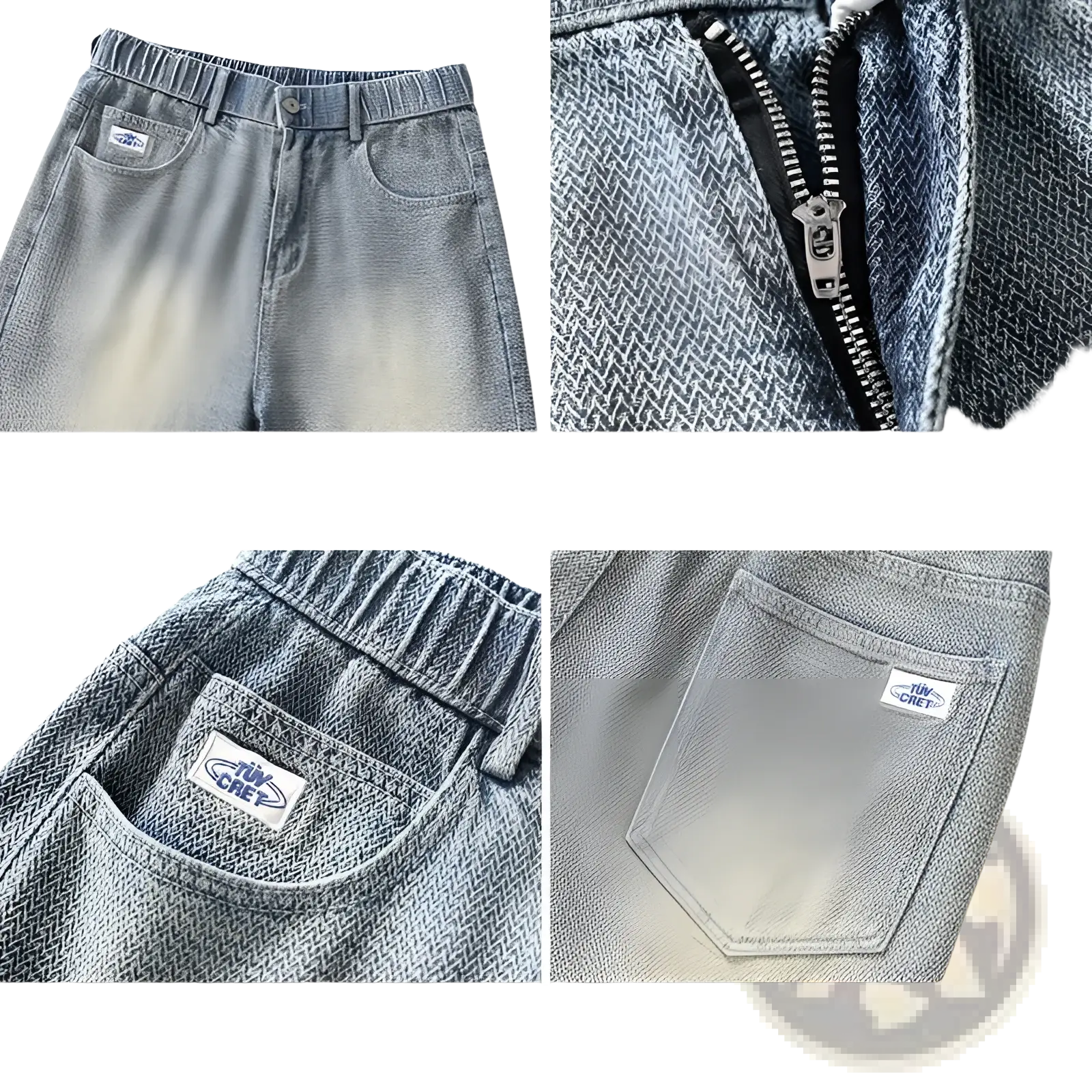 Men’s elastic waist light wash denim shorts with blue herringbone weave pattern and elastic waistband for comfort