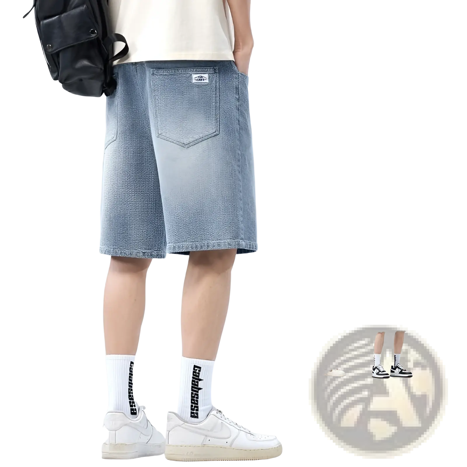 Men’s elastic waist light wash denim shorts in light blue with starry sky pattern and anti-wrinkle finish