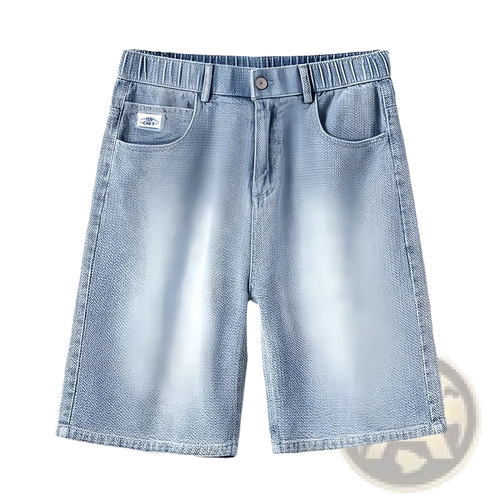 Men’s light wash denim shorts with elastic waistband and relaxed straight-leg cut in light-wash denim material