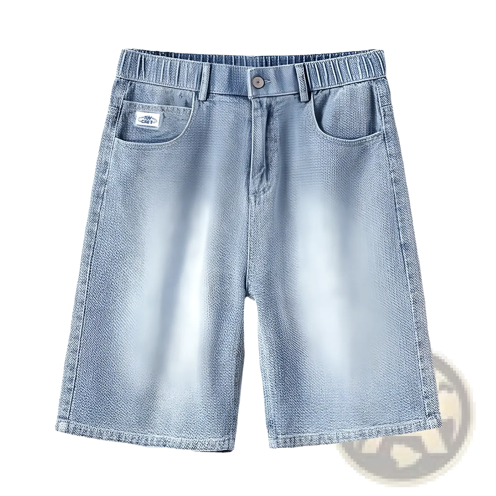 Men’s light wash denim shorts with elastic waistband and relaxed straight-leg cut in light-wash denim material