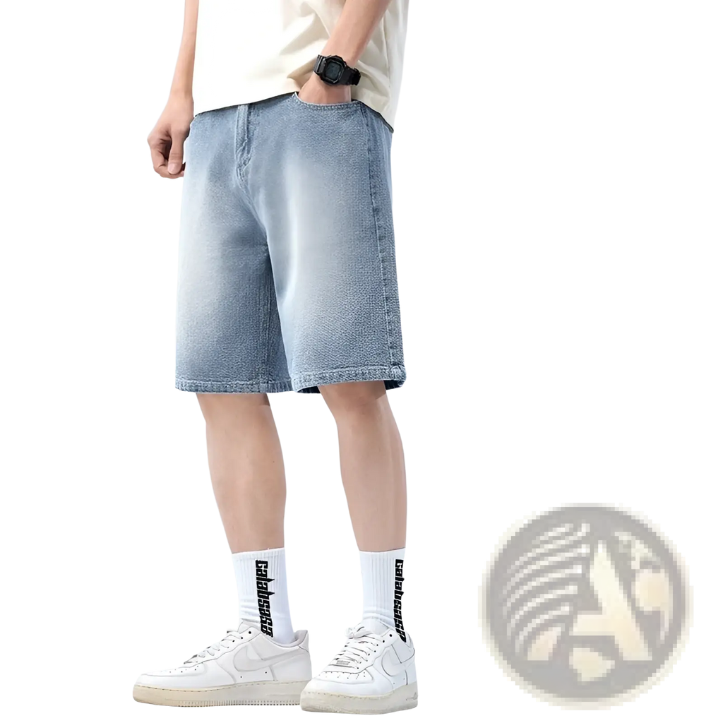 Men’s elastic waist light wash denim shorts with star texture made from comfortable durable fabric
