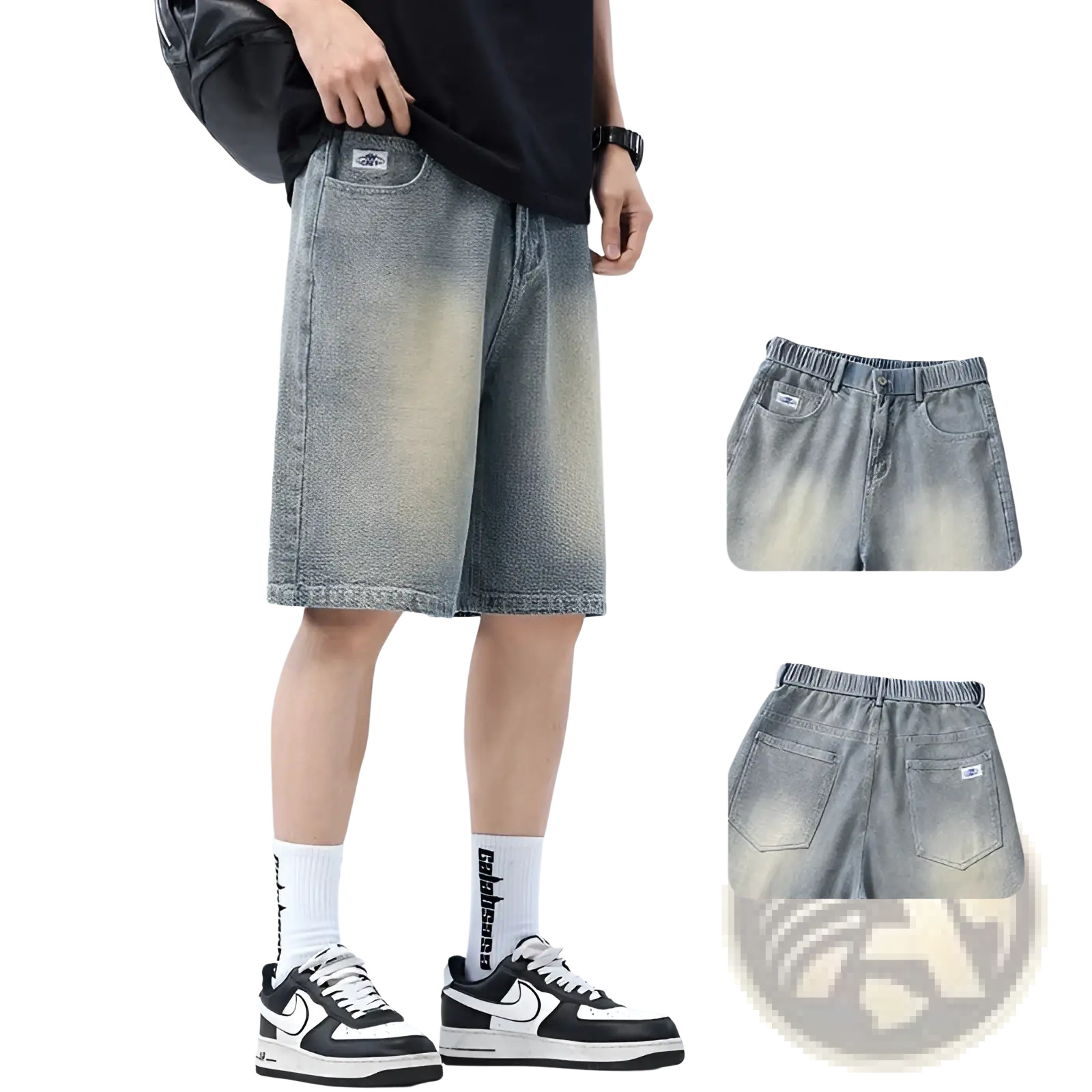 Men’s light wash denim shorts with elastic waistband and stylish back pocket shown from the back side