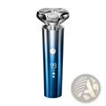 Blue metallic men’s electric shaver triple head portable razor with three circular shaving heads and digital display on handle