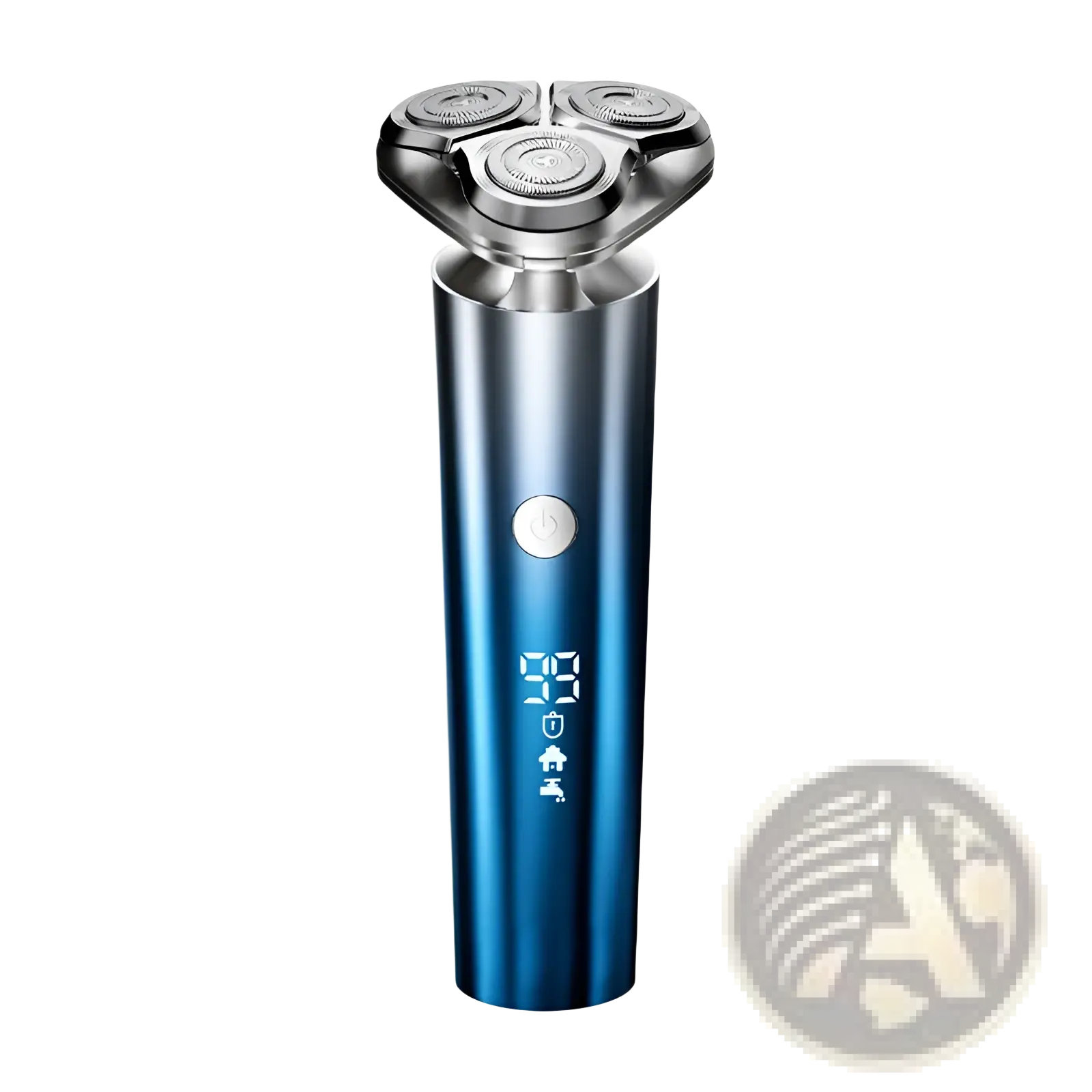 Blue metallic men’s electric shaver triple head portable razor with three circular shaving heads and digital display on handle