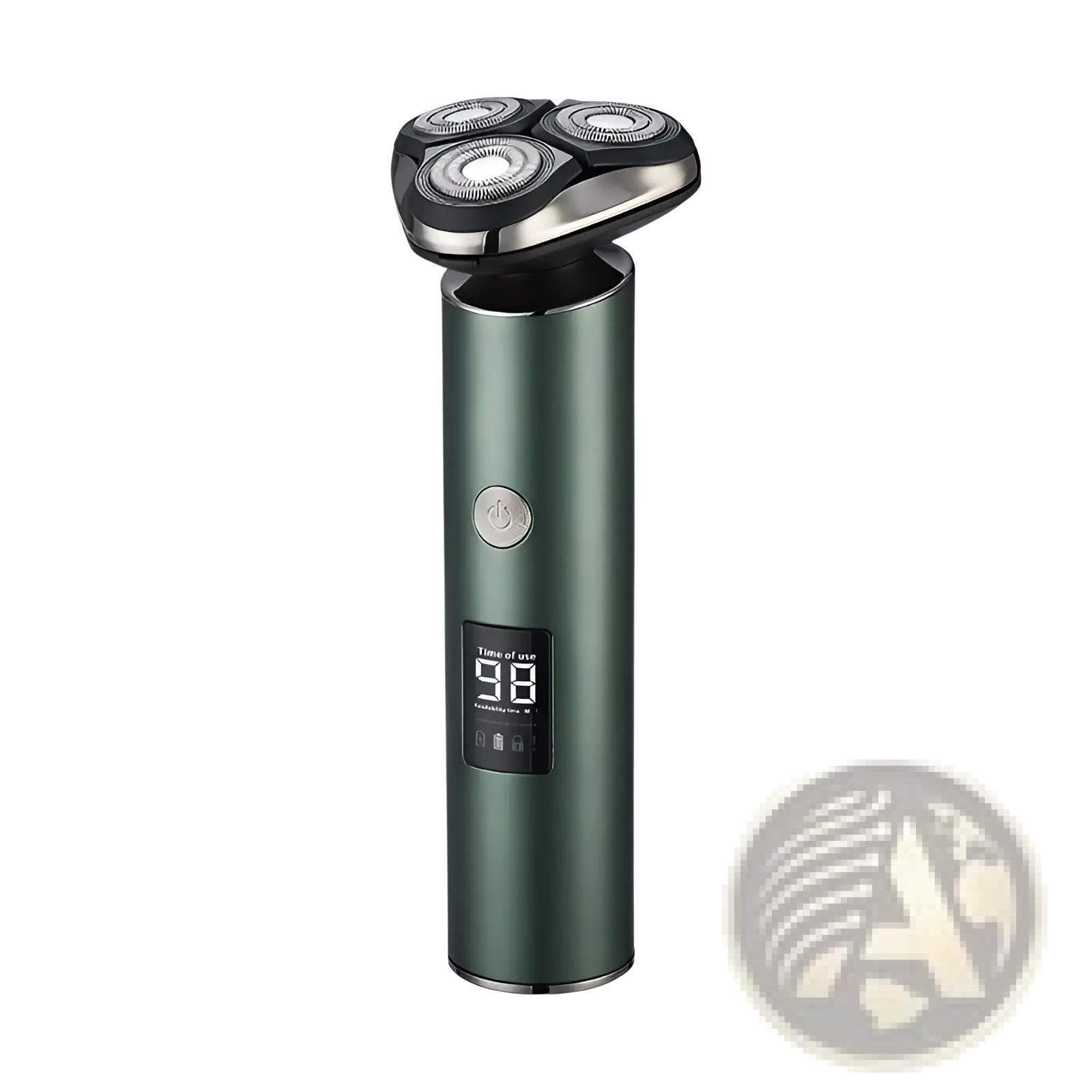 Men’s electric shaver triple head portable razor with dark green cylindrical body and digital display showing usage time