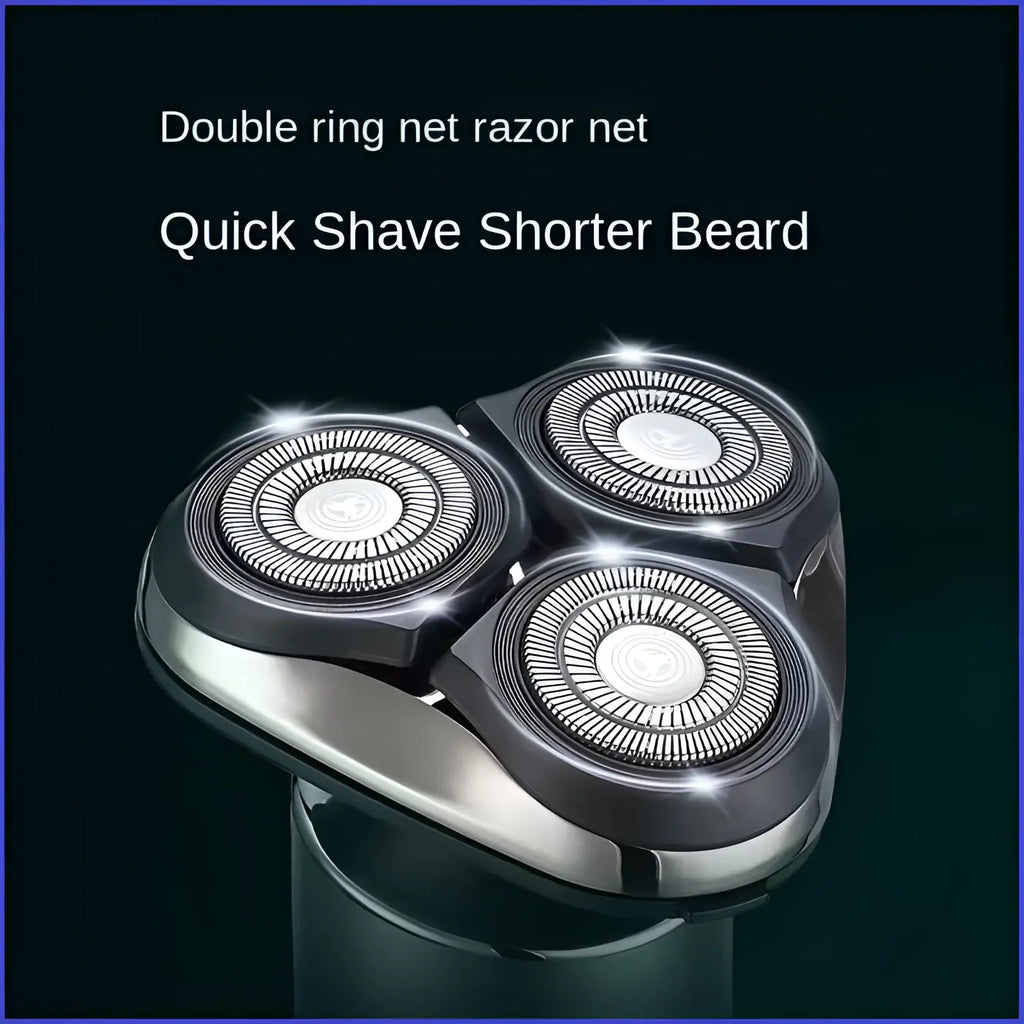 Men’s electric shaver triple head with silver and black triple-blade razor head featuring double ring net design for quick shaving