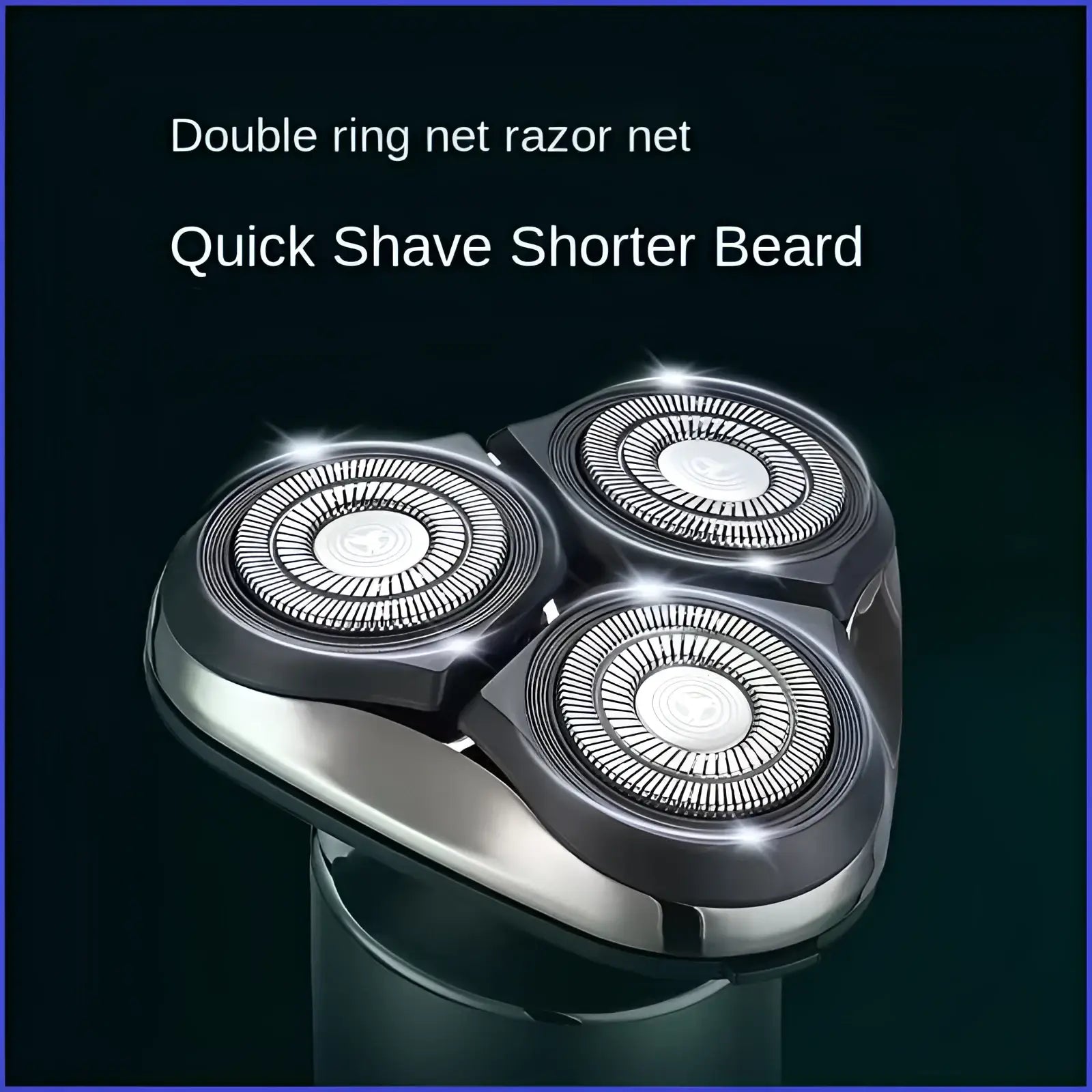 Men’s electric shaver triple head with silver and black triple-blade razor head featuring double ring net design for quick shaving