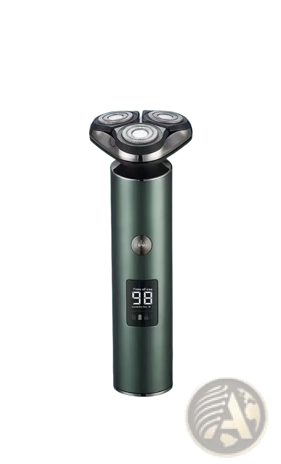 Dark green men’s electric shaver with triple rotating heads and digital display showing 98 for portable use