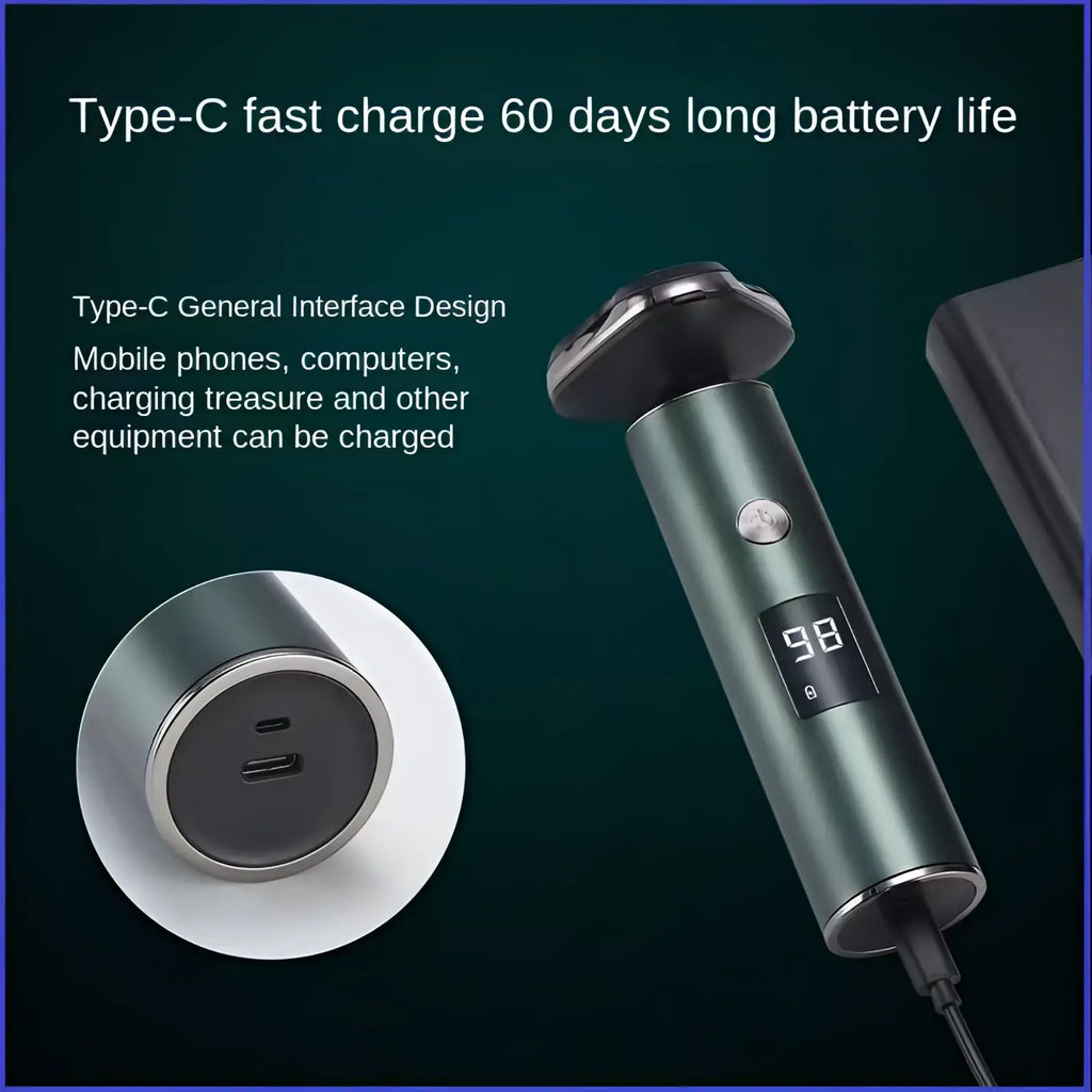 Men’s electric shaver triple head portable razor in matte dark green with black head and digital display showing 98 percent