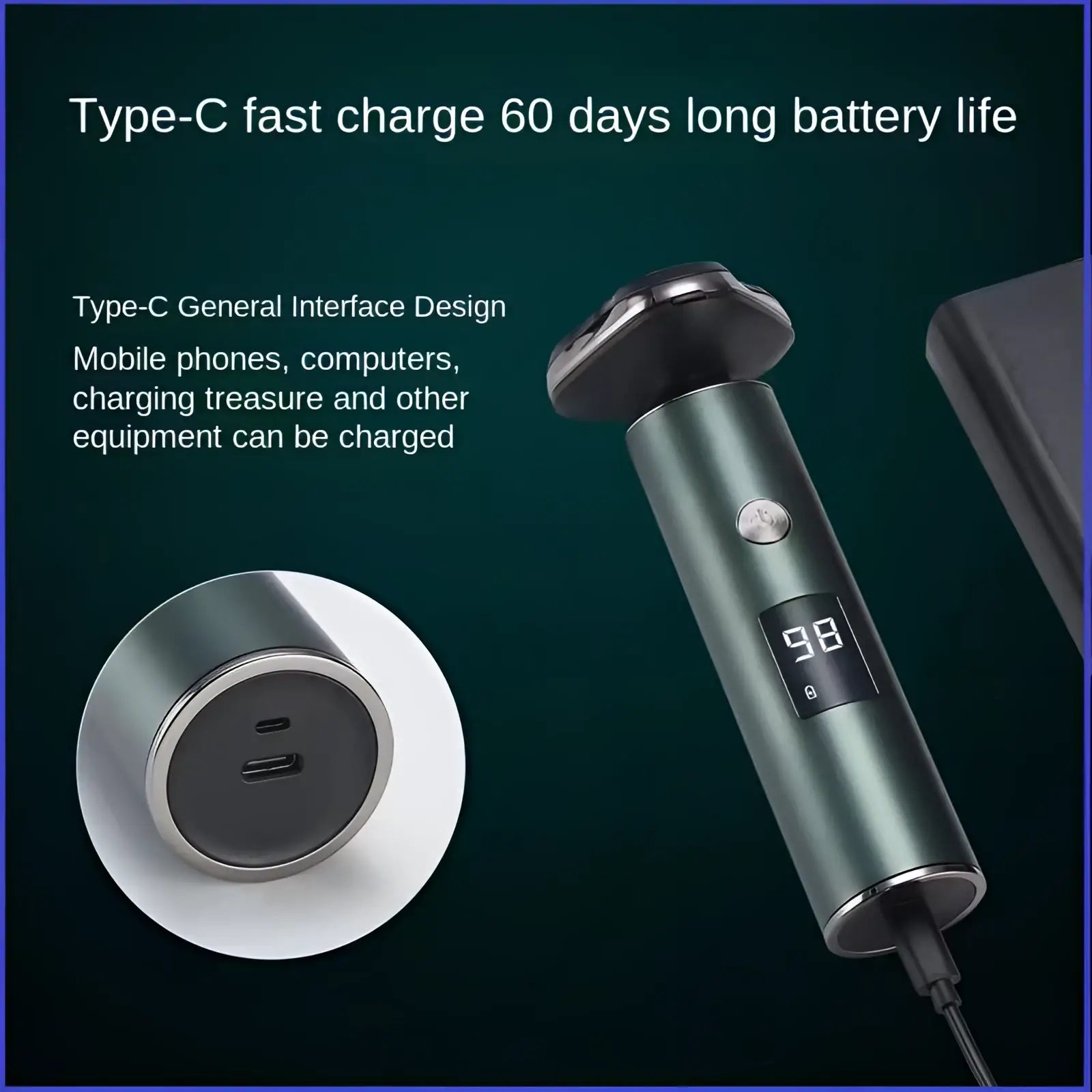 Men’s electric shaver triple head portable razor in matte dark green with black head and digital display showing 98 percent