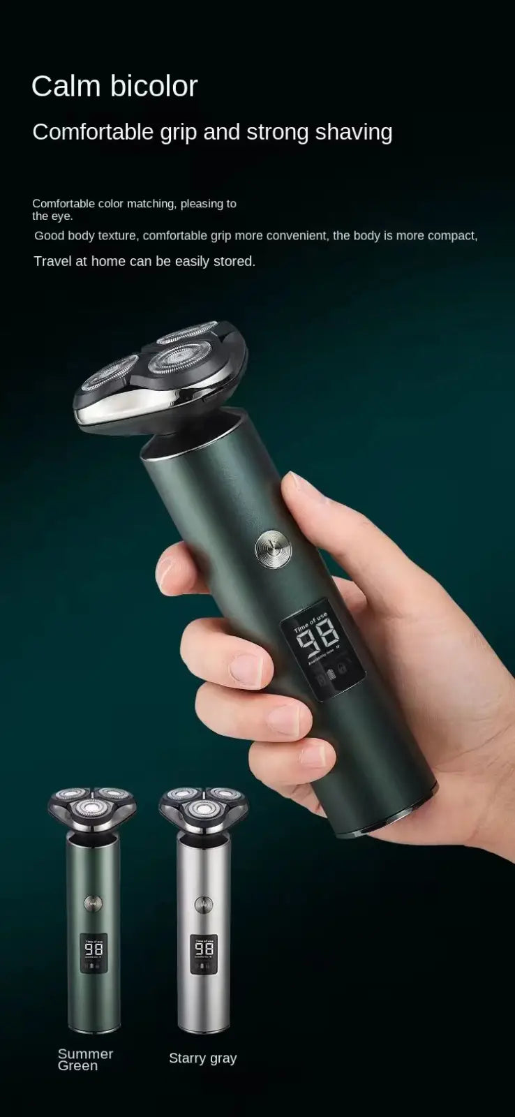 Men’s electric shaver triple head portable razor in dark green and silver with sleek ergonomic bicolor design