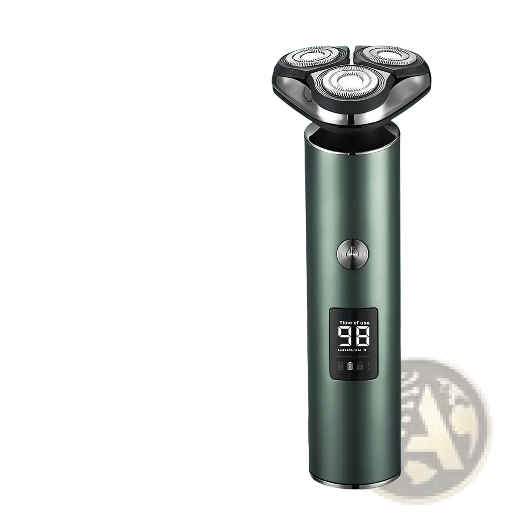 A sleek matte green men’s electric shaver with triple-blade head and digital display for portable use