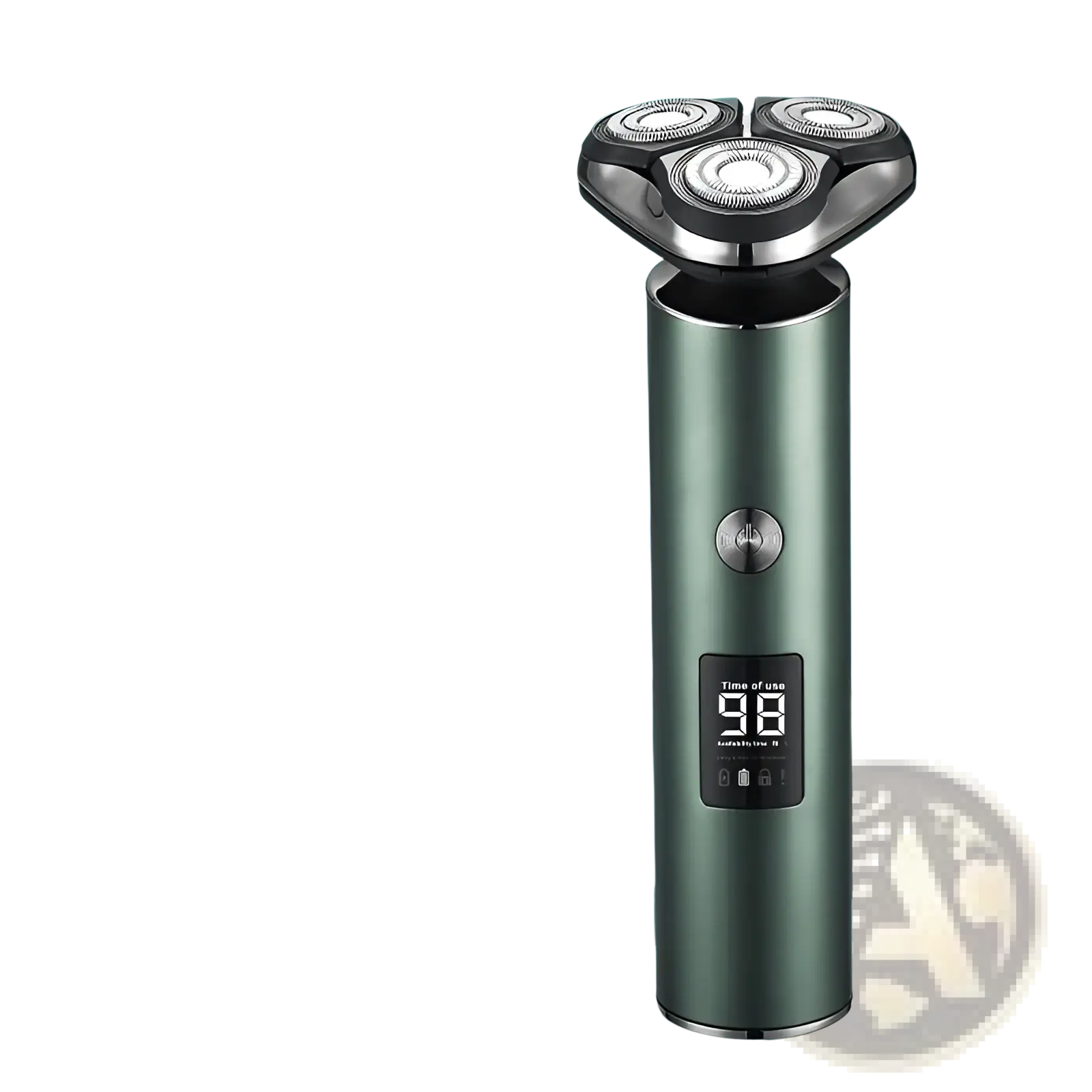 A sleek matte green men’s electric shaver with triple-blade head and digital display for portable use