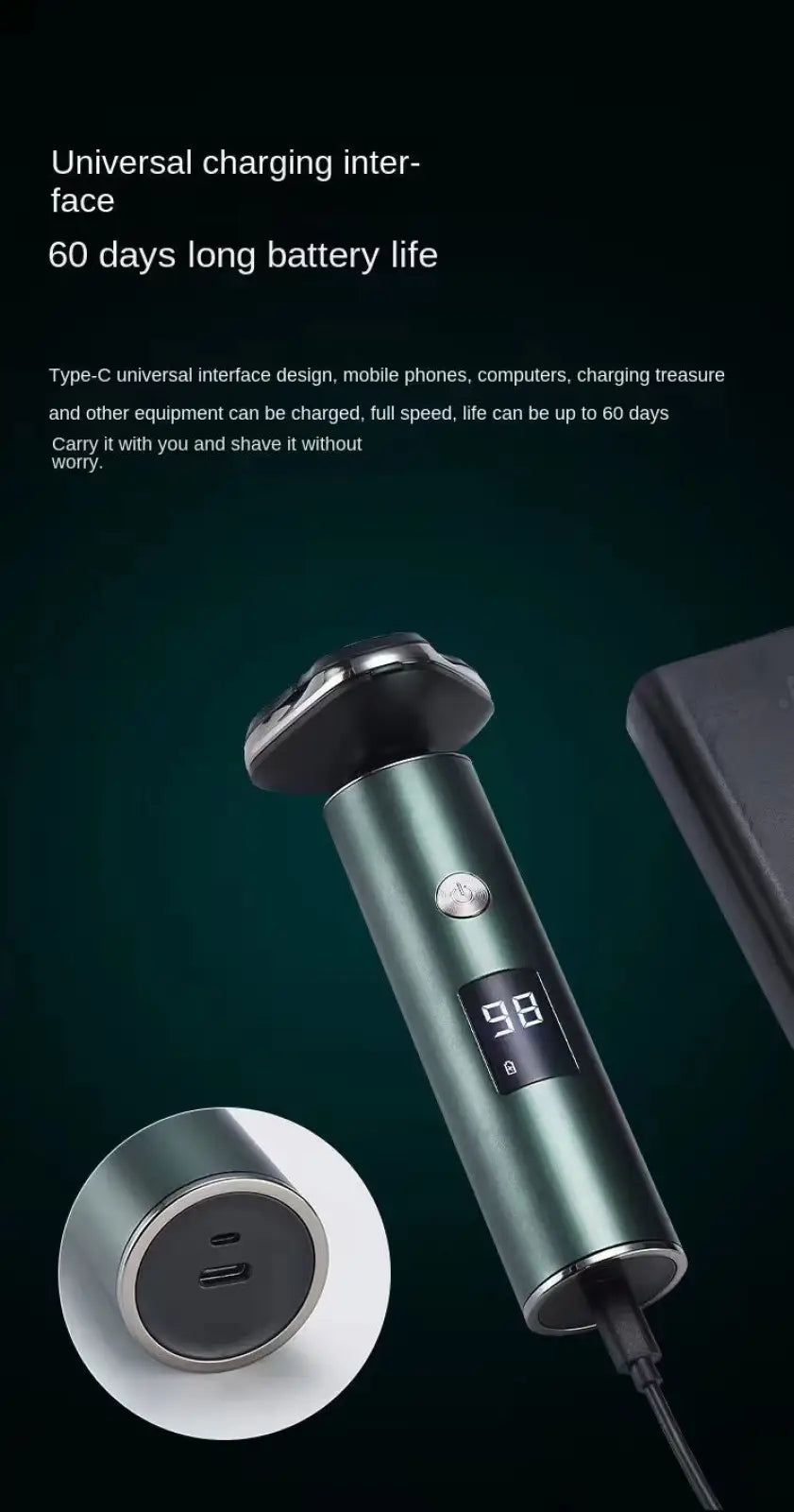 Men’s electric shaver triple head portable razor in sleek matte green with digital display and type-c charging port