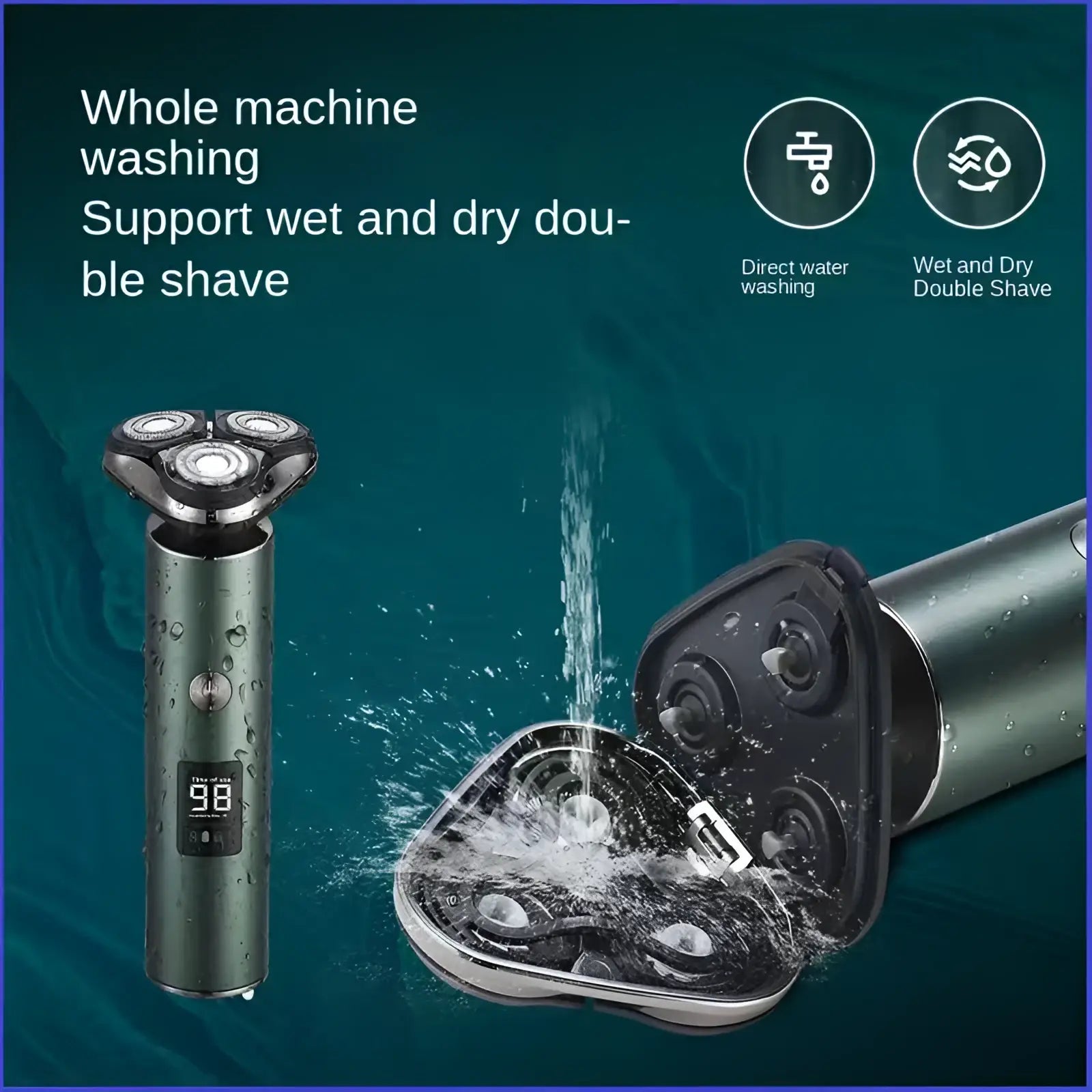 A sleek matte green men’s electric shaver with three rotary heads and a digital display for portable use