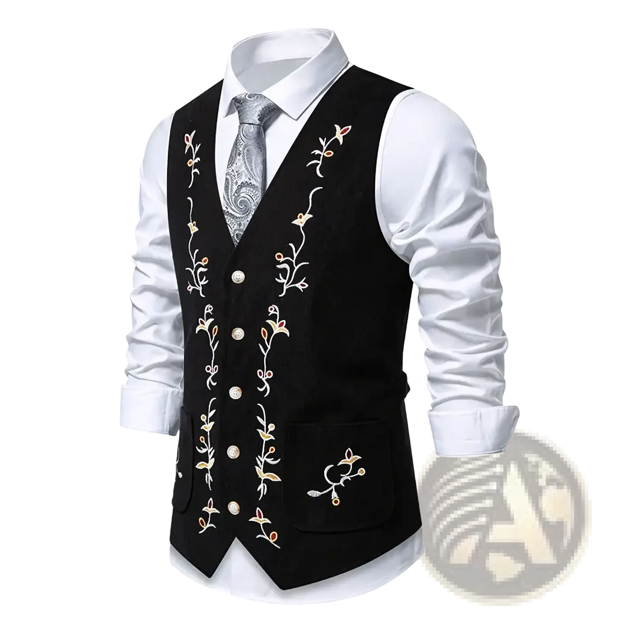 Mens embroidered velvet vest slim fit black with intricate gold and white floral embroidery and button front closure