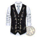 Mens embroidered velvet vest slim fit black suede with intricate gold white and pink floral embroidery