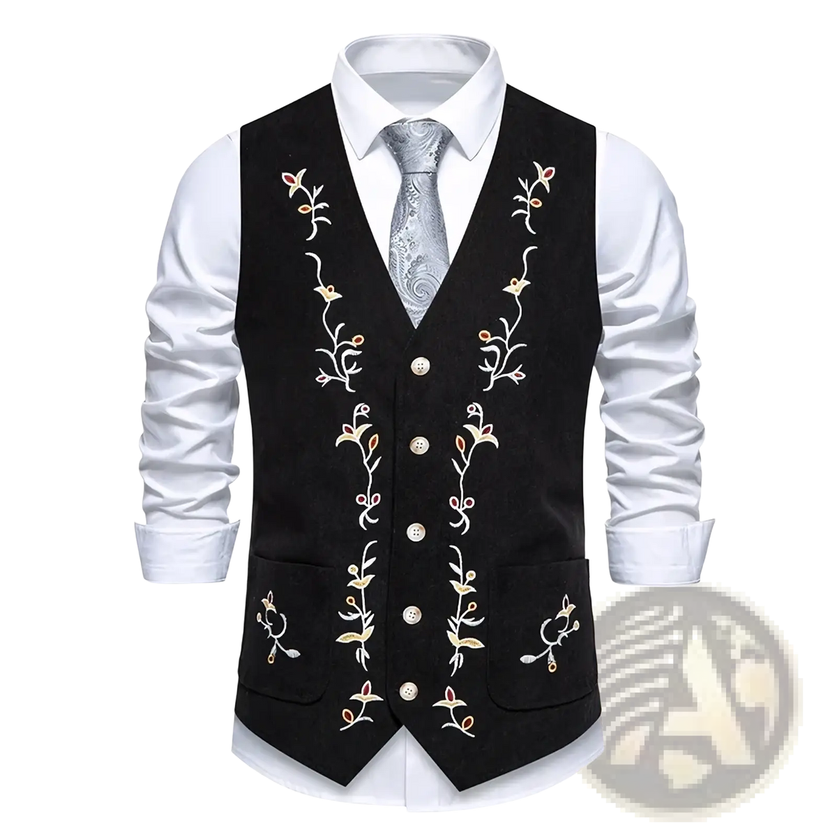 Mens embroidered velvet vest slim fit black suede with intricate gold white and pink floral embroidery