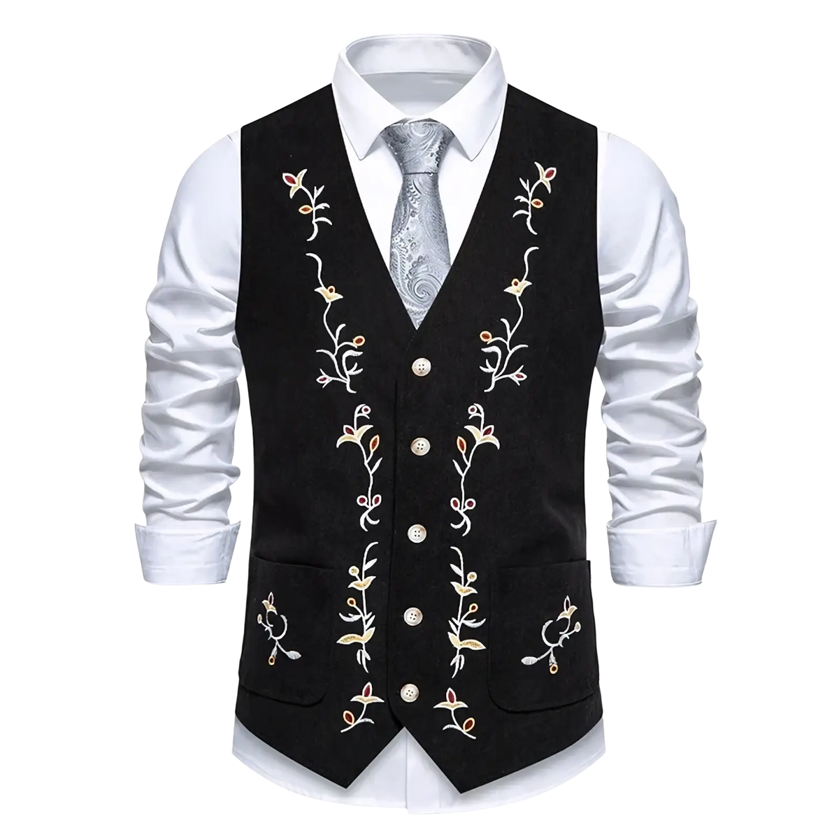 Mens embroidered velvet vest slim fit black suede with intricate gold white and pink floral embroidery
