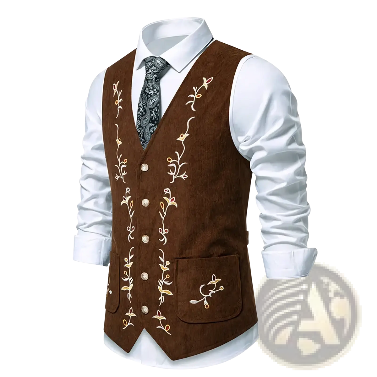 Mens embroidered velvet vest slim fit brown corduroy with gold and cream floral embroidery on front placket and pocket