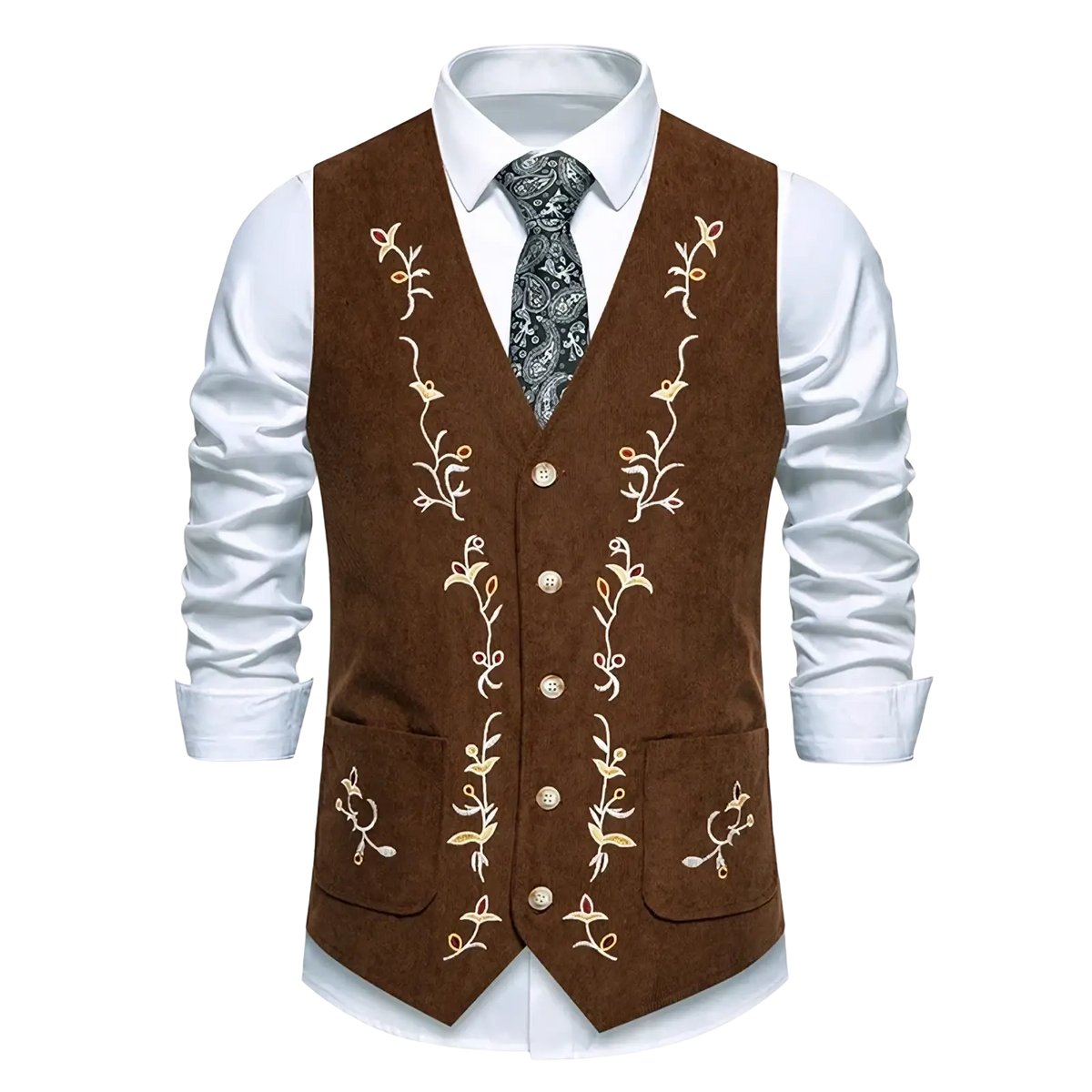 Brown suede mens embroidered velvet vest with intricate gold floral embroidery and matching buttons slim fit business waistcoat