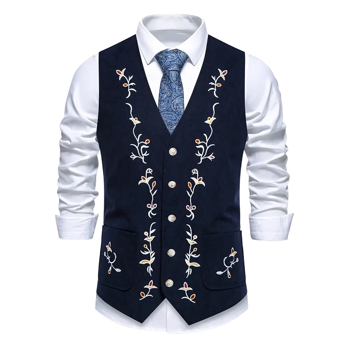 Mens embroidered velvet vest slim fit business waistcoat in navy blue with intricate white gold and pink floral embroidery