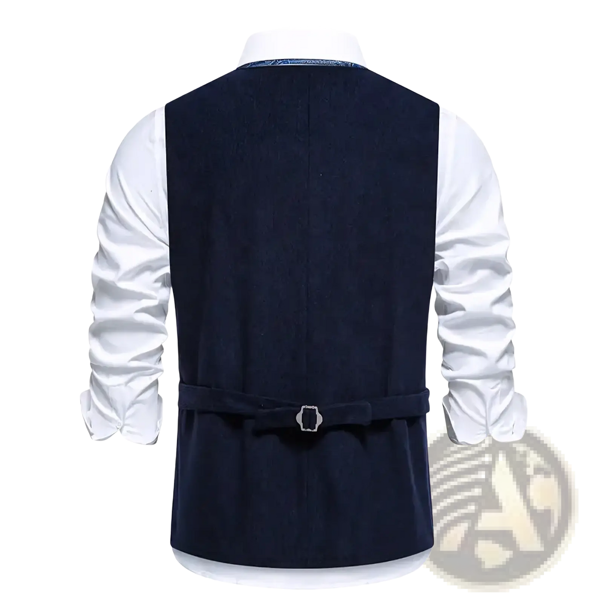 Mens embroidered velvet vest slim fit navy blue corduroy with matching belt and silver toned buckle for business wear